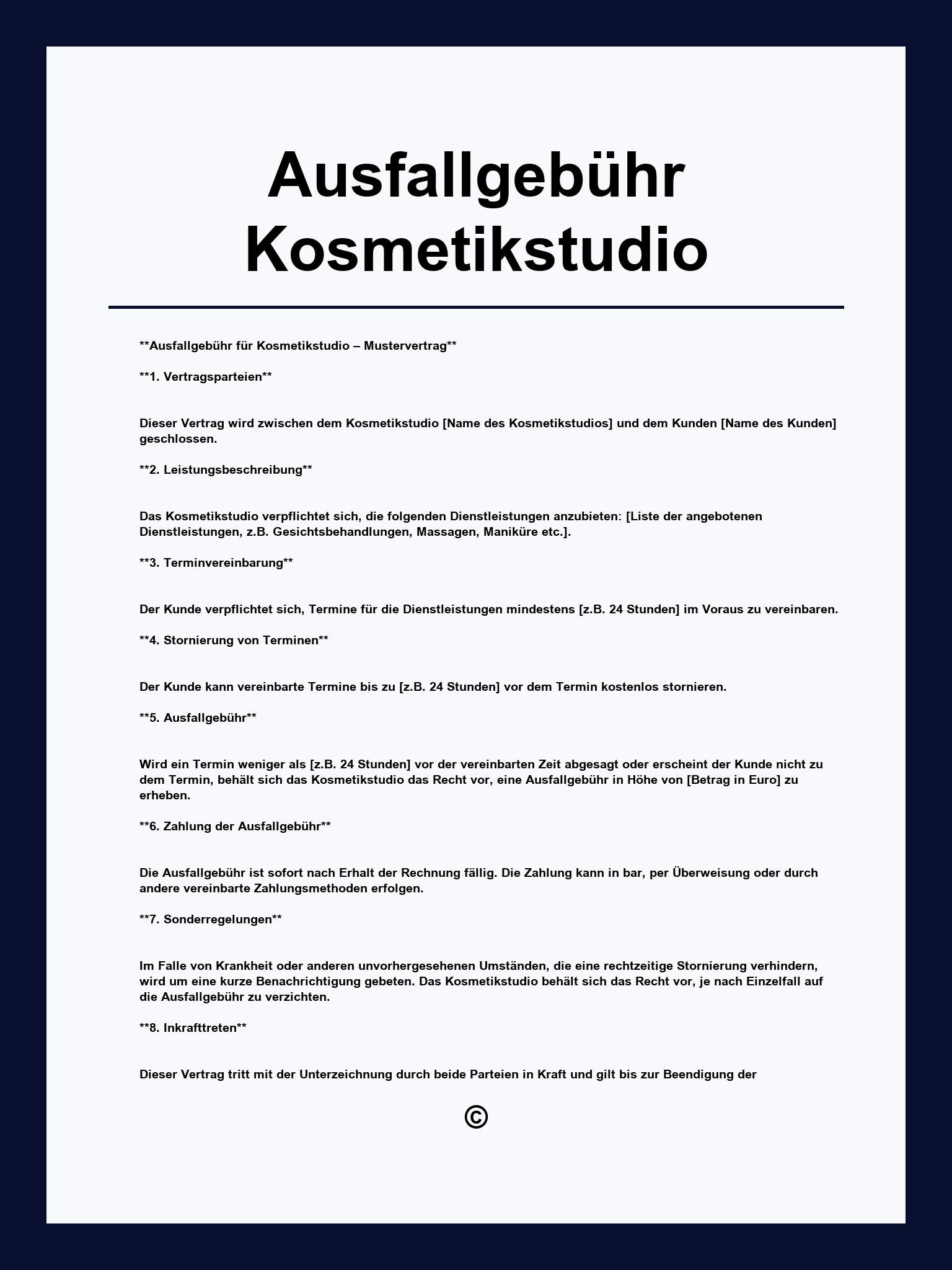 Ausfallgebühr Kosmetikstudio Vorlage