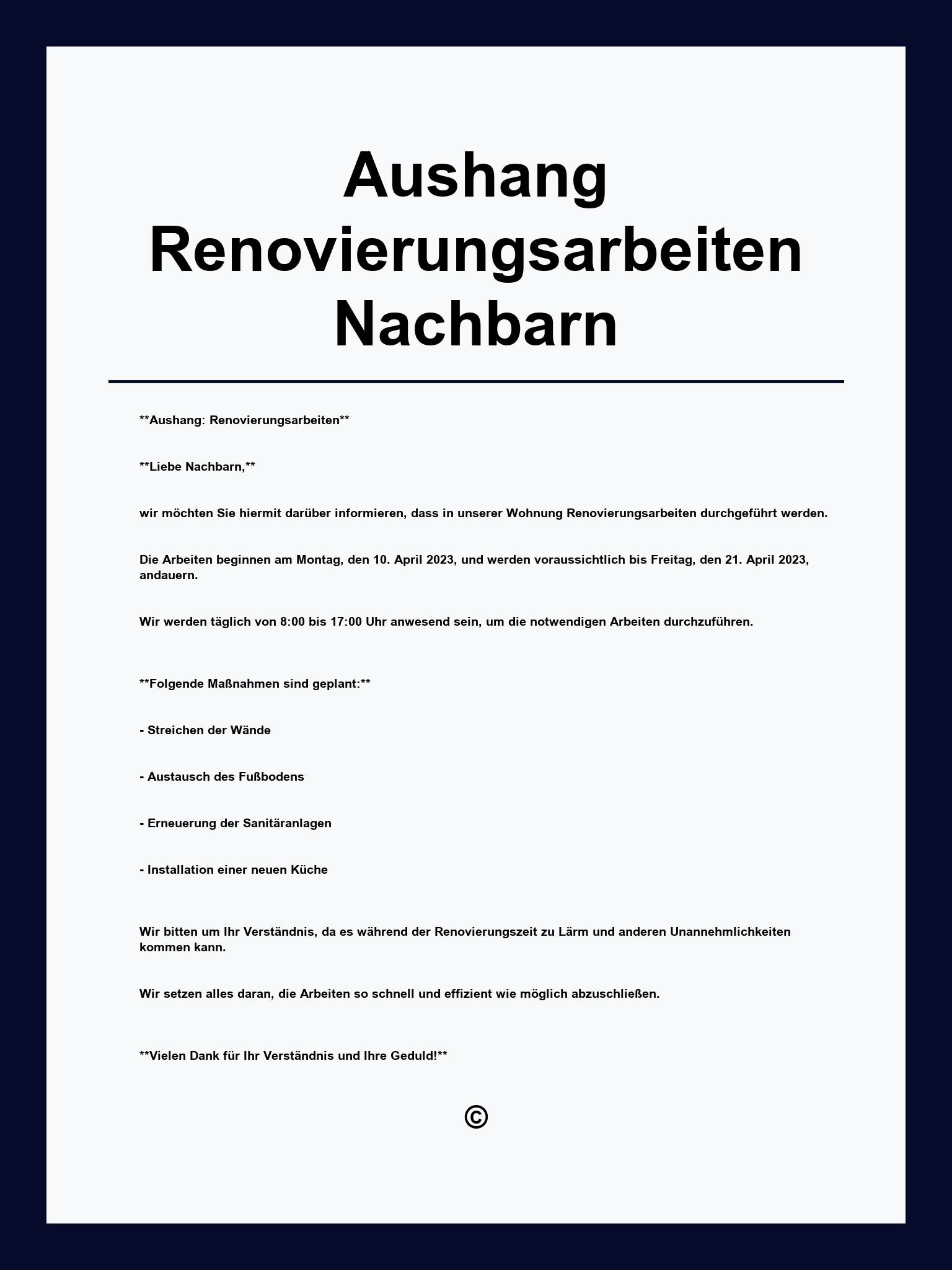 Aushang Renovierungsarbeiten Nachbarn Muster