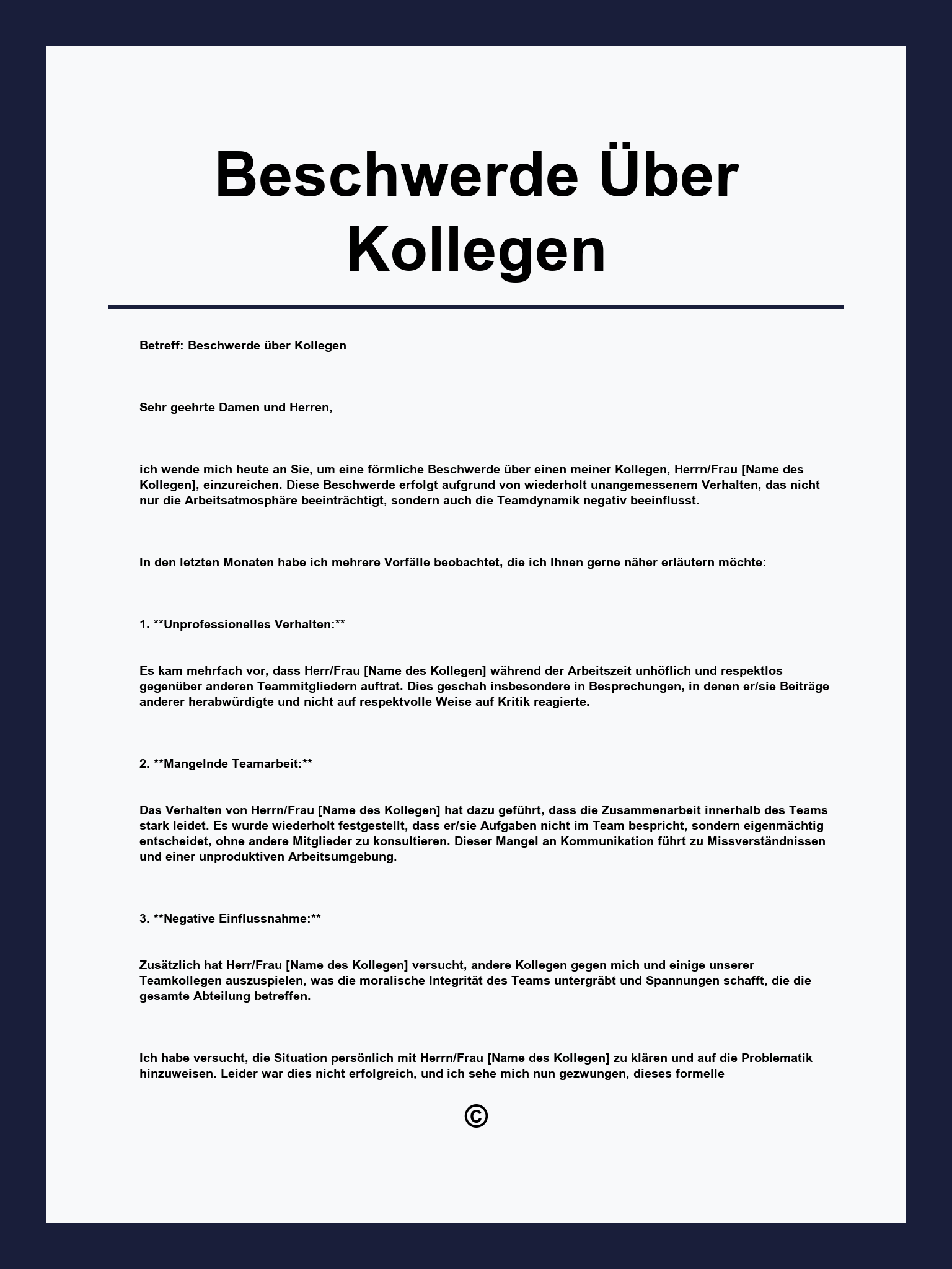 Beschwerde Über Kollegen Muster