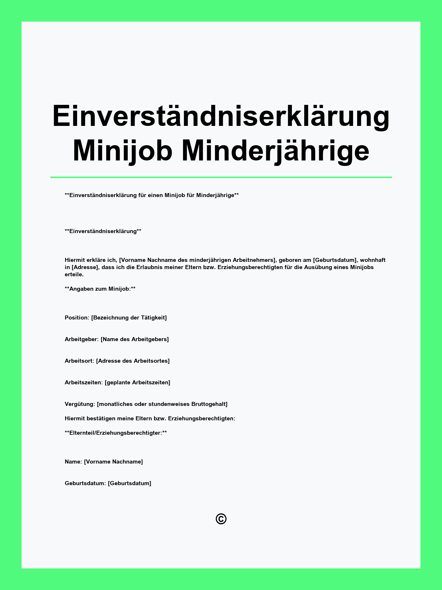 Einverständniserklärung Minijob Minderjährige