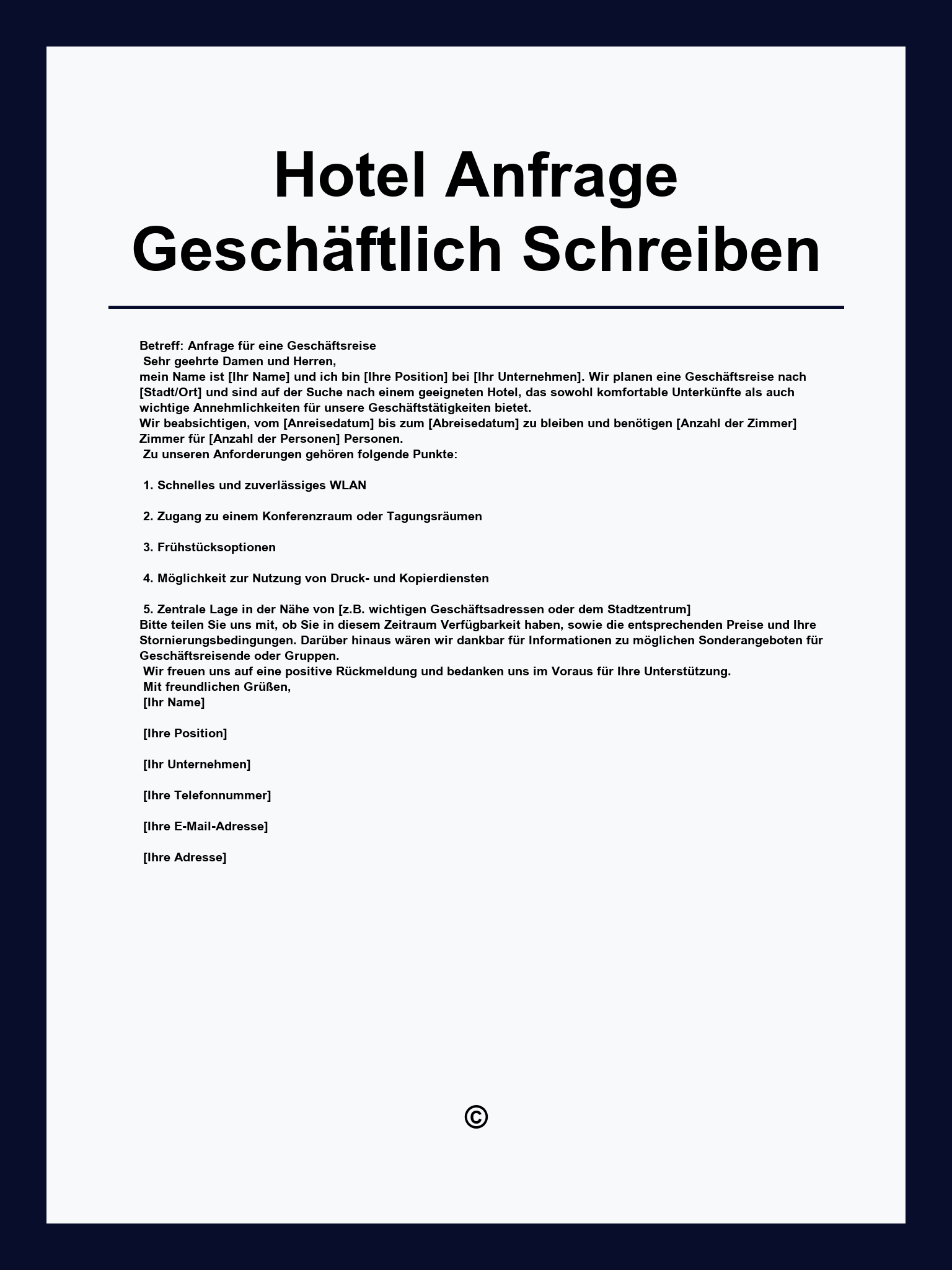 Hotel Anfrage Geschäftlich Schreiben