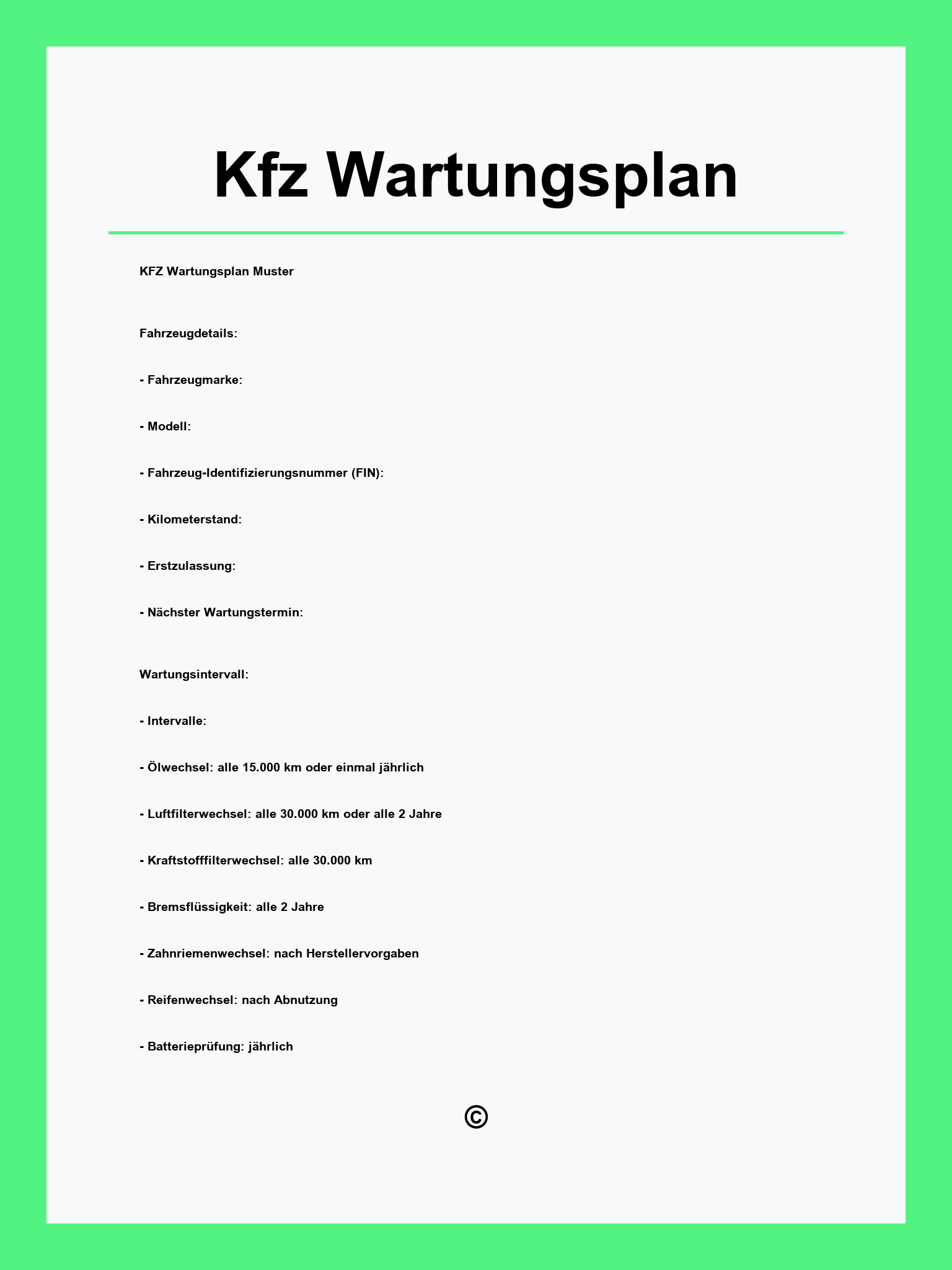 Kfz Wartungsplan Vorlage