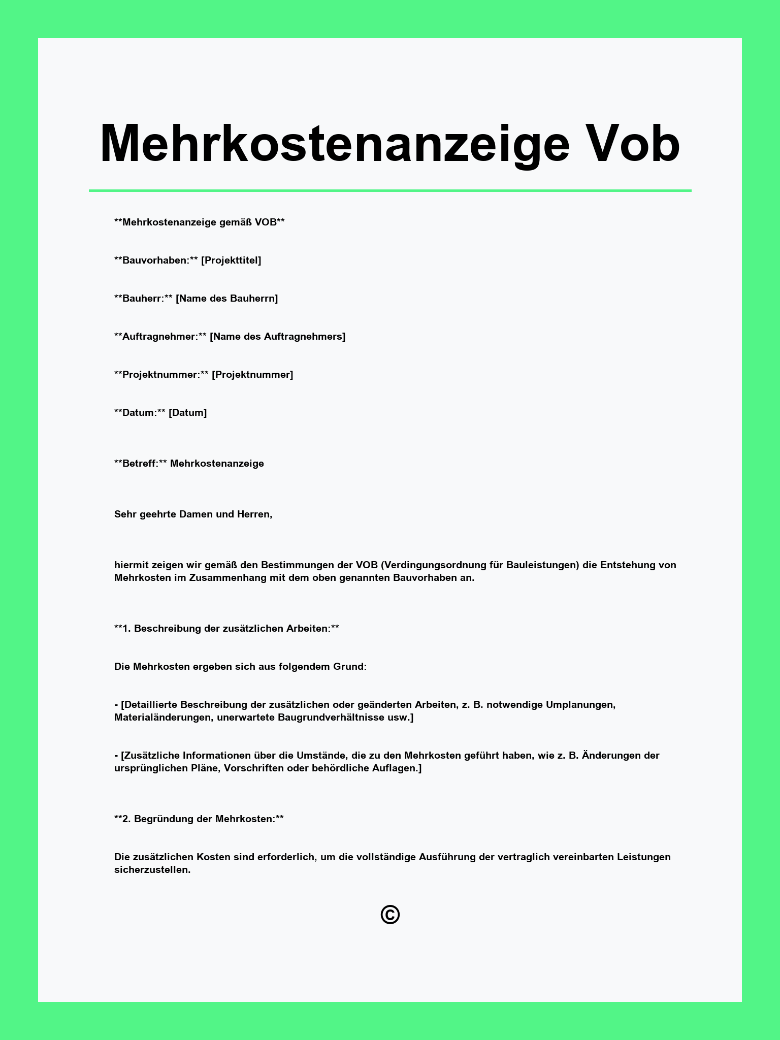 Mehrkostenanzeige Vob Vorlage