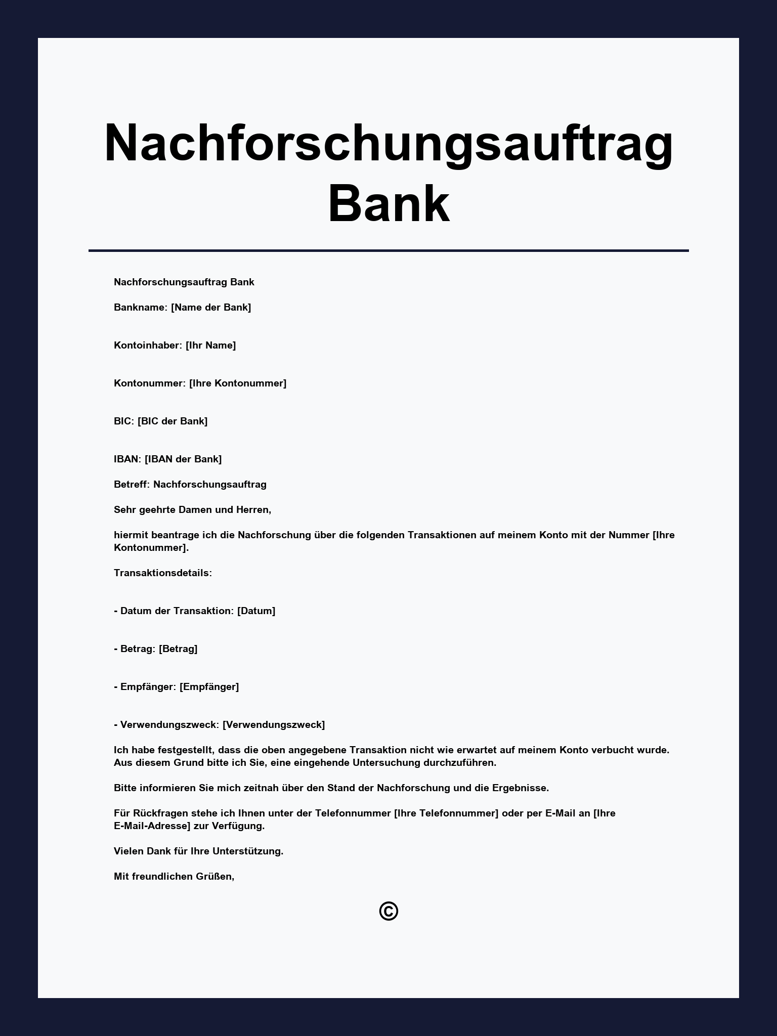 Nachforschungsauftrag Bank Muster