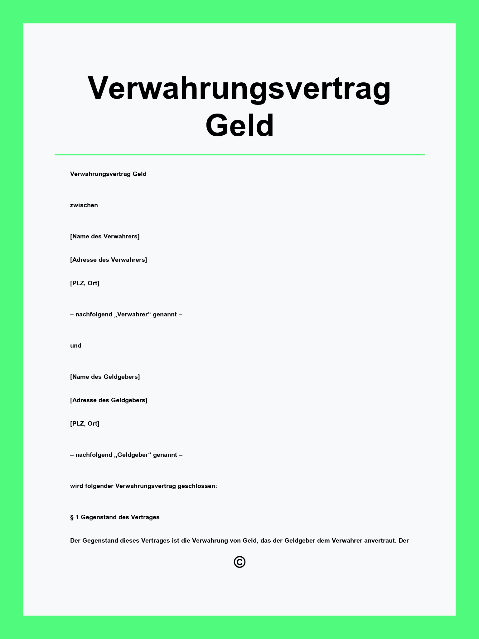 Verwahrungsvertrag Geld Muster